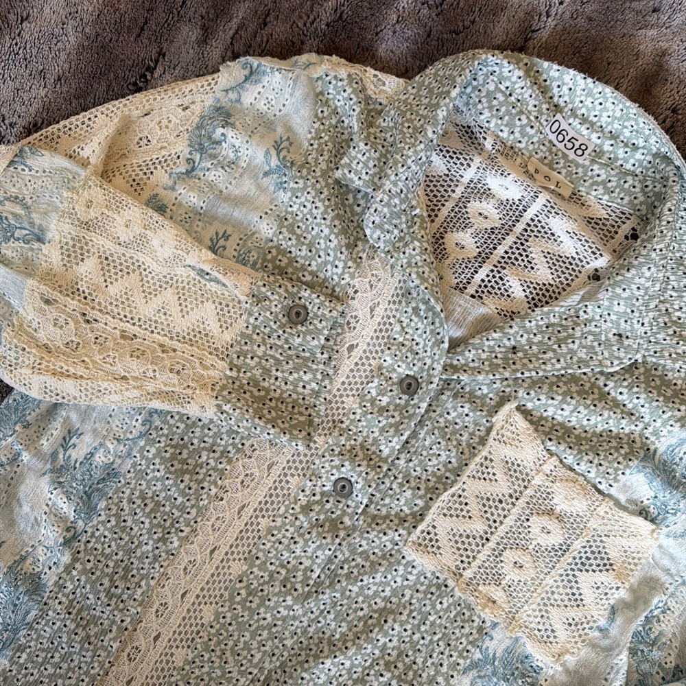 POL Patchwork Lace Blue Green Button Up Shirt Top… - image 1
